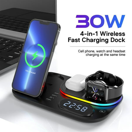 4 in 1 Wireless Charging Dock with Digital Clock and Night Light Fast Charging Stand Compatible with Apple Phone Earphone Watch