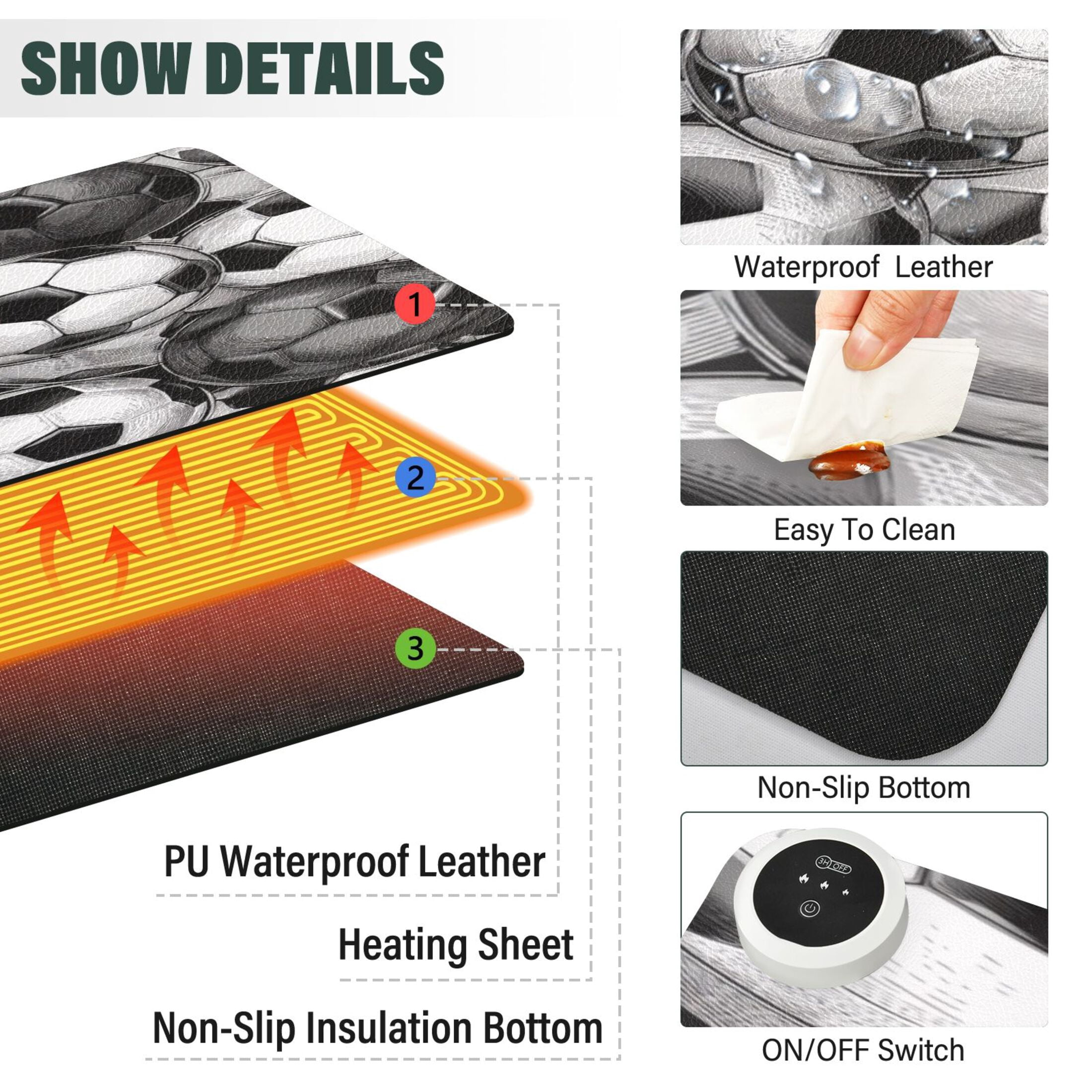 Large Heated Desk Mat Mouse Pad 31.5"x13"PU Leather Graphene Heating Desk Warmer with 3 Temperature Settings 110V US Plug Non-Slip Warm Pad for Home, Office, and Gaming Vintage Soccer Ball Collage