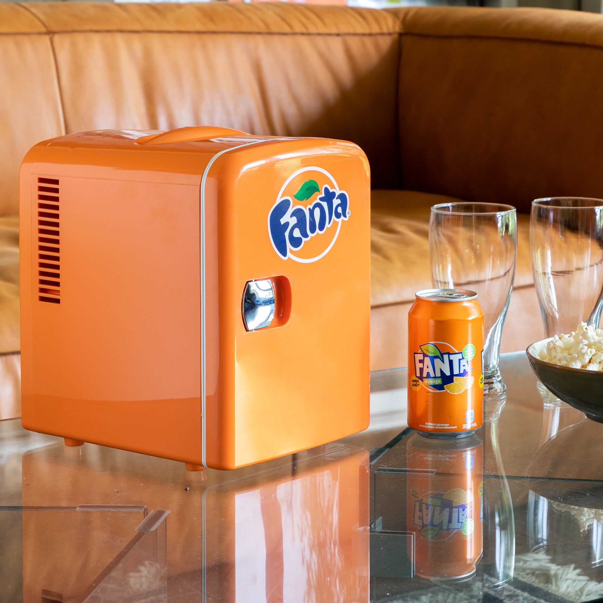 Coca-Cola Fanta 4L Mini Cooler Warmer 12V DC and 110V AC Cords, 6 Can Portable Mini Fridge, Personal Travel Refrigerator for Travel ,Orange