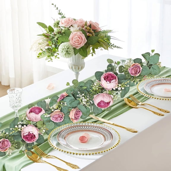 Yhmxh Artificial Eucalyptus Garland with Flowers, 6ft Rose Greenery Garland for Wedding Decor, Home Mantle Party Decoration, Realistic Silk Vine for Runner, Backdrop, Arch Wall Decor, Indoor/Outdoor
