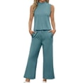 thumbnail image 3 of Summer Travel Lounge Sets for Women 2 Piece Mock Neck Top and Wide Leg Crop Pants Casual Vacation Matching Outfit 2026 Light Blue S, 3 of 7
