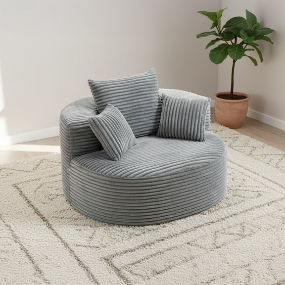 47.8" Round Ribbed Corduroy Lounge Sofa Chair, Oversized Deep Seat Floor Sofa with 3 Soft Pillows, Low-Profile Comfy Accent Chair for Living Room, Bedroom & Apartment