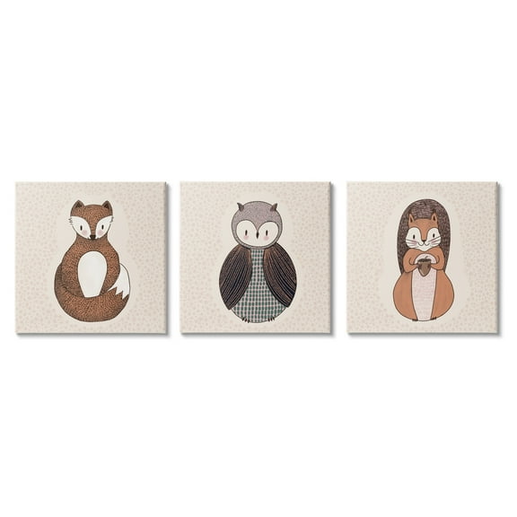 Stupell Industries Stylized Forest Animal Portraits Kids Owl Fox Squirrel Graphic Art Gallery Wrapped Canvas Print Wall Art, Set of 3, Design by Birgit Maria Kiennast