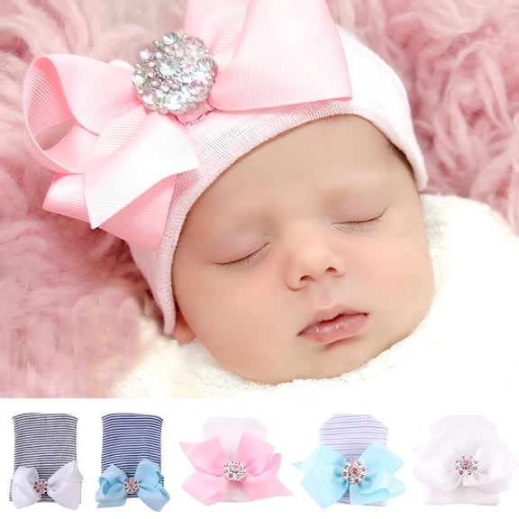 TELOLY Newborn Hospital Hat Infant Baby Hat Cap with Big Bow Soft Cute Knot Nursery Beanie (1 Or 3 Pack Bow Knit Rhinestone Ribbon/ 0-3 Month)