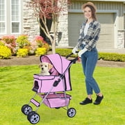 Foldable Dog Stroller, 4 Wheel Pet Stroller with Storage Basket, Handle 360° Front Wheel Rear Wheel with Brake for Small Medium Dogs & Cats, Pink