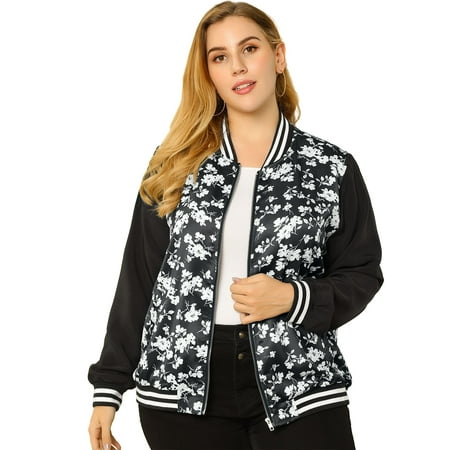 Women's Plus Size Jackets Lightweight Floral Bomber Jacket 4X Black ...