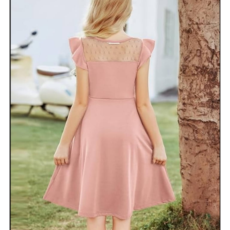 Girls Dress Summer Ruffle Sleeve Mesh A Line Casual Dress Princess Party Dresses with Pockets
