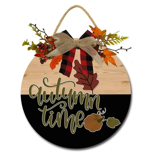 Eveokoki 11" Autumn Time Wooden Door Sign, Welcome Front Door Plaque Hanger Home Decoration for Farmhouse Office Coffee Shop,Hanging Sign Board with Hanging String for Home Decor