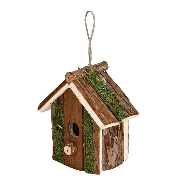 Refugio para pájaros colgante de madera natural hecho a mano con forma de colibrí, decoración para jardín, patio y exterior, estilo villa, para pájaros (1)
