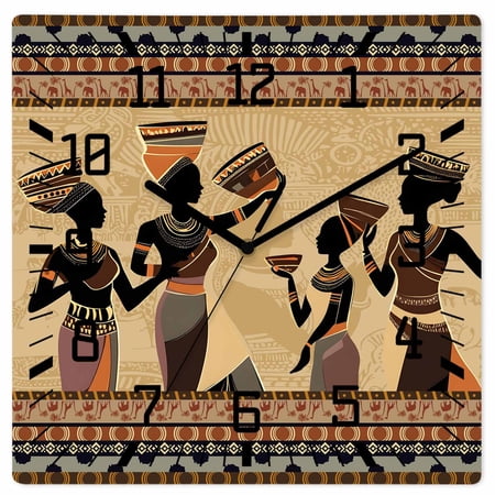 African Women Wooden Wall Clock Silent Non Ticking, Black Girl Retro Ethnic Ancient Tradition Square Wall Clocks Battery Operated, Decor Clock for Home Office, Living Room, Kitchen, 10 Inch