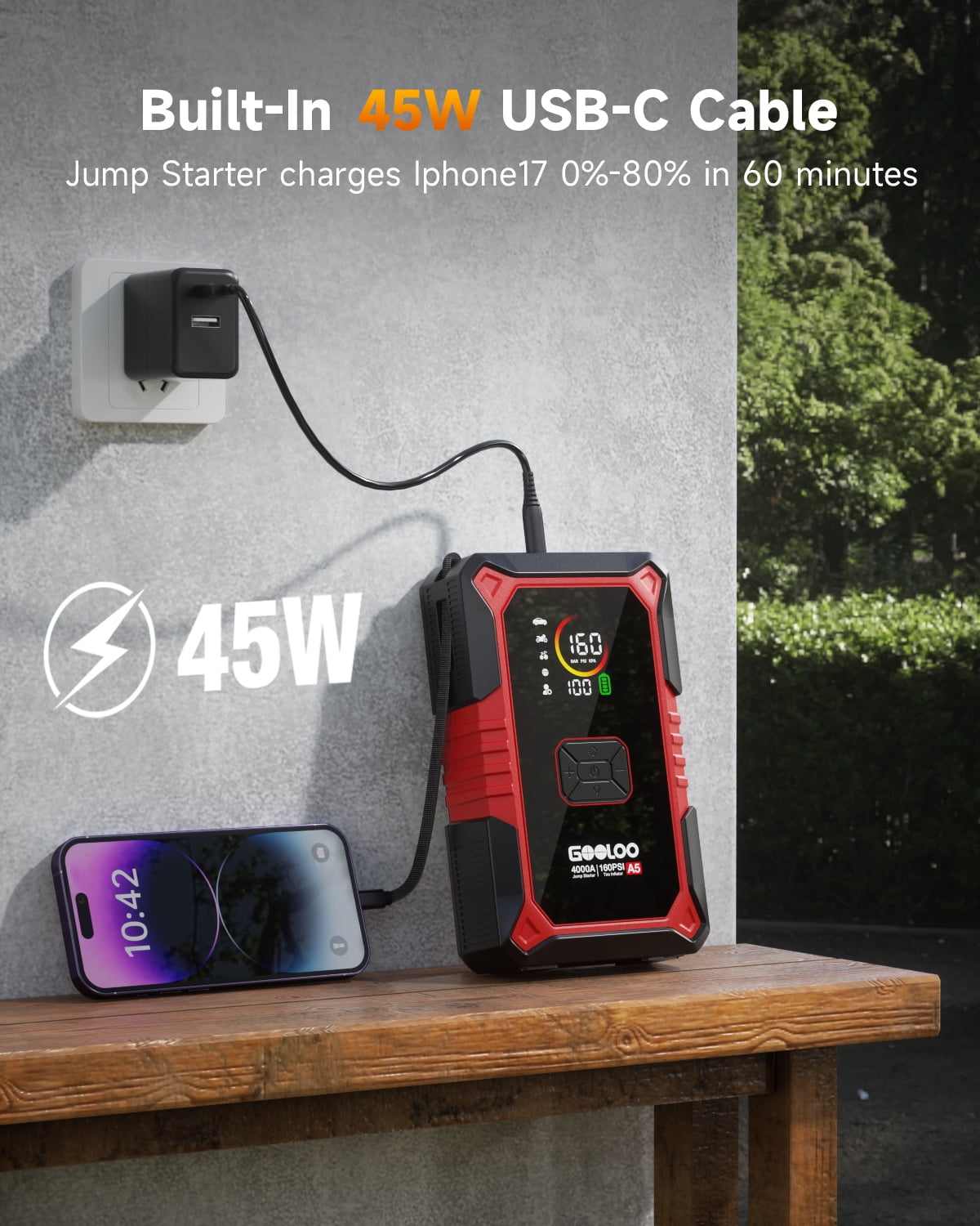 GOOLOO A5 Jump Starter with Air Compressor, 4000A Car Battery Jump Starter for All Gas & 10.0L Diesel Engines, 45W PD Fast Charging, Portable 12V Jump Box with 160 PSI Tire Inflator Auto Shut-Off