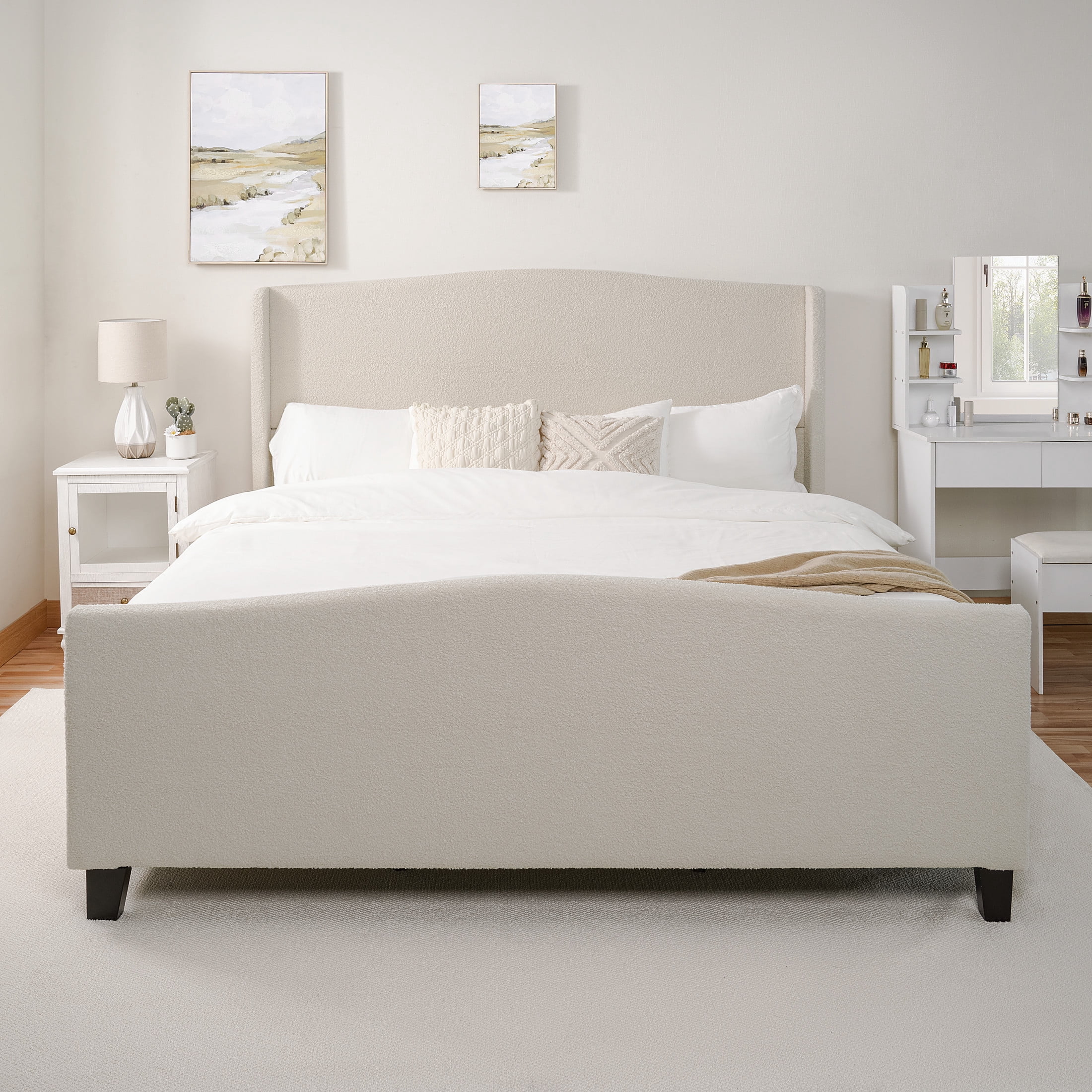 Noble House Diane king Size Upholstered Bed Frame, Teddy Velvet Headboard with Solid Wood Legs, Minimal Design, White