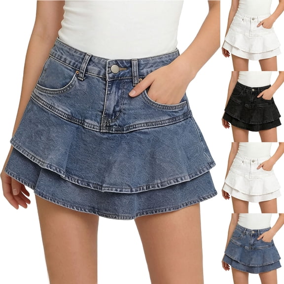 Miluxas Girl's Casual Denim Mini Skirt Ruffled Slim A-line Pleated Jean Short Skirt White 13-14Years