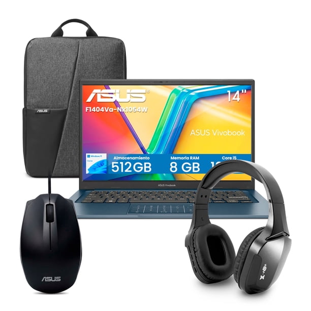 Combo Laptop ASUS VivoBook 14” FHD Core i5 8GB 512GB SSD Azul y Mochila y Mouse + Audífonos Bluetooth