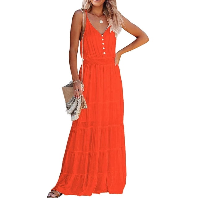 Vestido de Playa Maxi PRETTYGARDEN XL Naranja sin Mangas