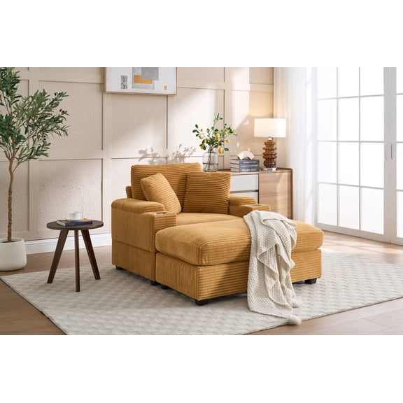 Chaise Lounge Chair Indoor Furniture, Corduroy Upholstered Chaise Lounge Sofa, Deep Seat Sofa with Handrail storage and Cupholders, Movable ottoman, Detachable Cushions for Living Room Bedroom,Yellow