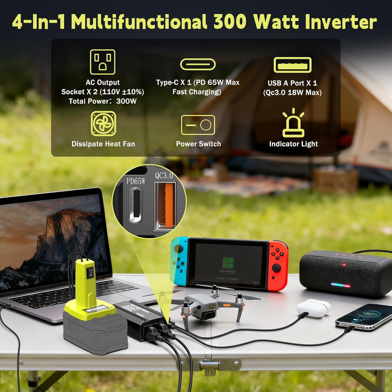 300W Power Inverter Compatible with Ryobi 18V Battery, DC 18V to AC 110V Portable Power Station Generator with 2 AC Outlets & 1 Type-C PD 65W & 1 USB A 18W Max for Emergency Power