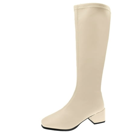 Quealent Adult Women Shoes Boot Socks for Women Knee High Wide Calf Fashion Women Artificial Leather Solid Color Boots Women Mid Calf Heel Tan White 7.5