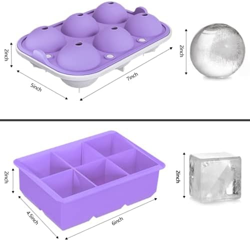 Ice Cube Trays (Set of 2), Sphere Ice Ball Maker with Lid & Large Square Ice Cube Maker for Whiskey, Cocktails and Homemade, Keep Drinks Chilled Purple