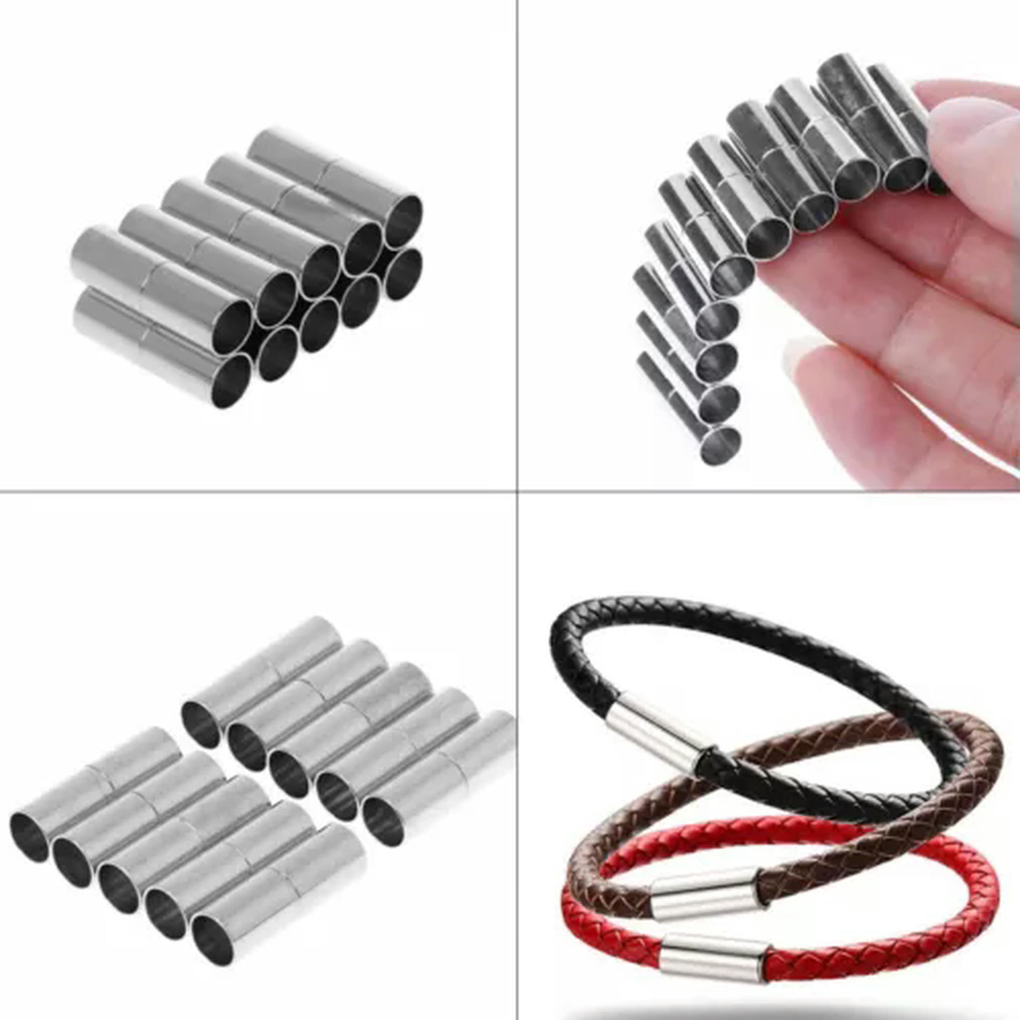 U8MO 50 Silver Bracelet Necklace Cylinder Magnetic Clasps End Caps Fit 3mm-6mm Cord-6mm