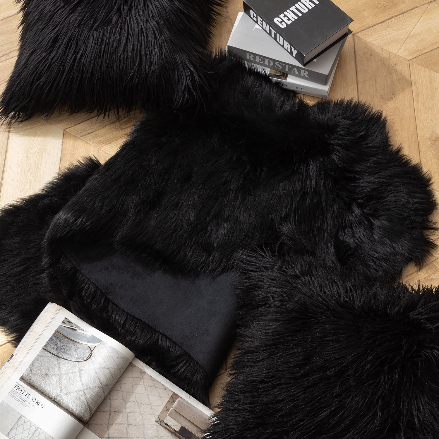 Phantoscope Designer's Choice Faux Fur Decorative Throw Pillow + Area Rug Bundle, 18" x 18"/ 2' x 6', Black, 2 Pillows + 1 Rug