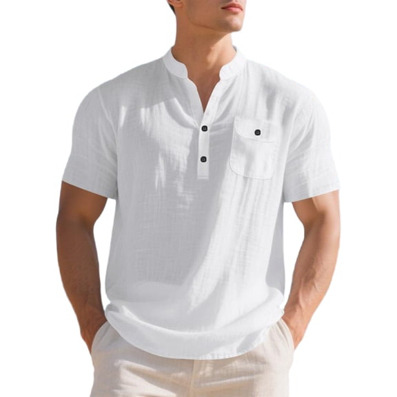 New Mens Short Sleeve T Shirts Solid Color Stand Up Collar Shirt Summer Trendy Breathable Loose Youth Basic Cotton Top Male Cotton And Linen Casual Shirts White M