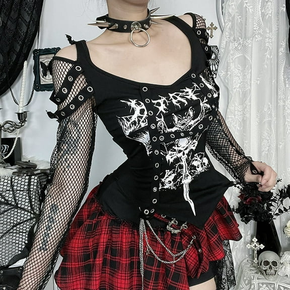 Mall Gothic Fishnet Stitch Long Sleeve T-shirt Women Alt Techwear Punk Grunge Corn Print T-shirts Chic Streetwear Tops