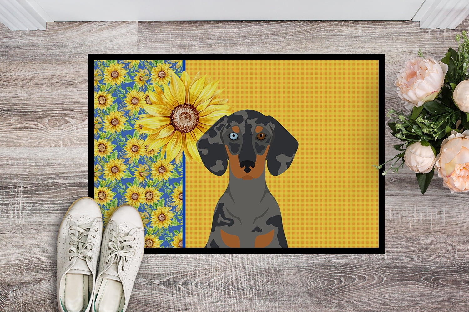 Carolines Treasures WDK5394JMAT 24 x 36 in. Summer Sunflowers Black Dapple Dachshund Indoor or Outdoor Mat