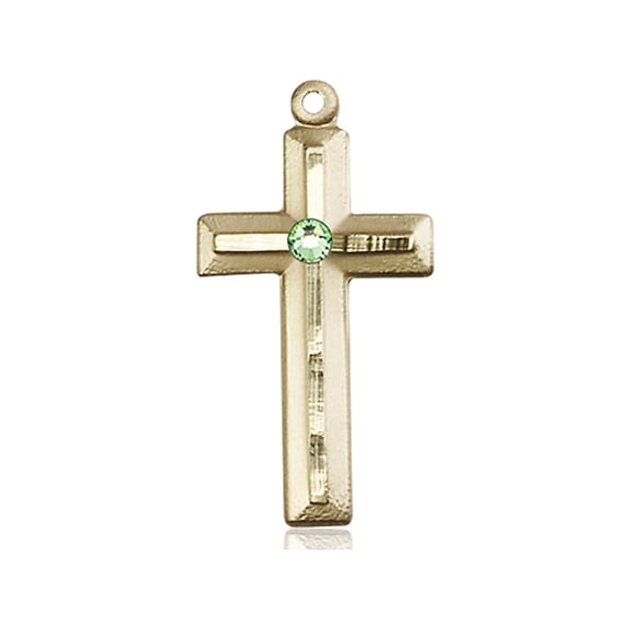 14kt Yellow Gold Cross Medal with 3mm August Green Swarovski Crystal 1 1/8 x 1/2 inches