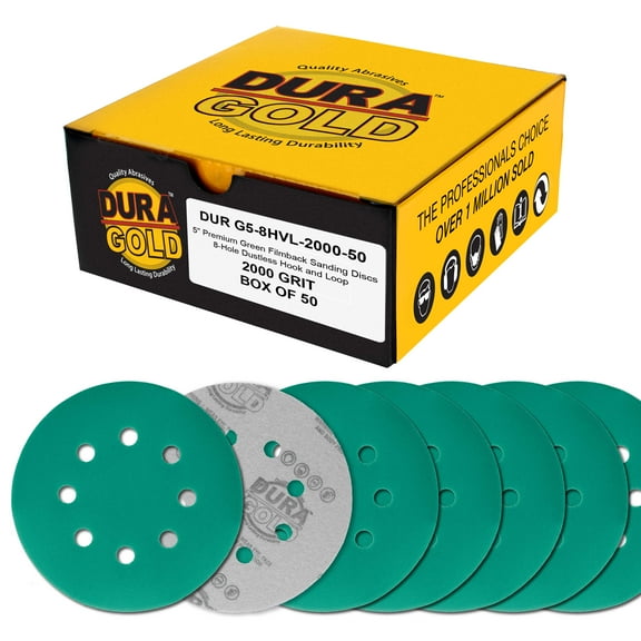 Dura-Gold Premium 2000 Grit 5" Green Film Sanding Discs, 8-Hole Pattern, Box of 50 - Dustless Hook & Loop Backing Sandpaper for DA & Random Orbital Sander, Detail Color Sand Auto Paint Wood Furniture