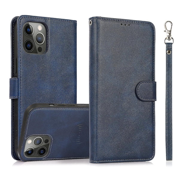 Funda tipo cartera de PU con tapa para iPhone 14 Pro, con cordón, ranuras para tarjetas, función atril, compatible con carga magnética, anticaídas y protección total.