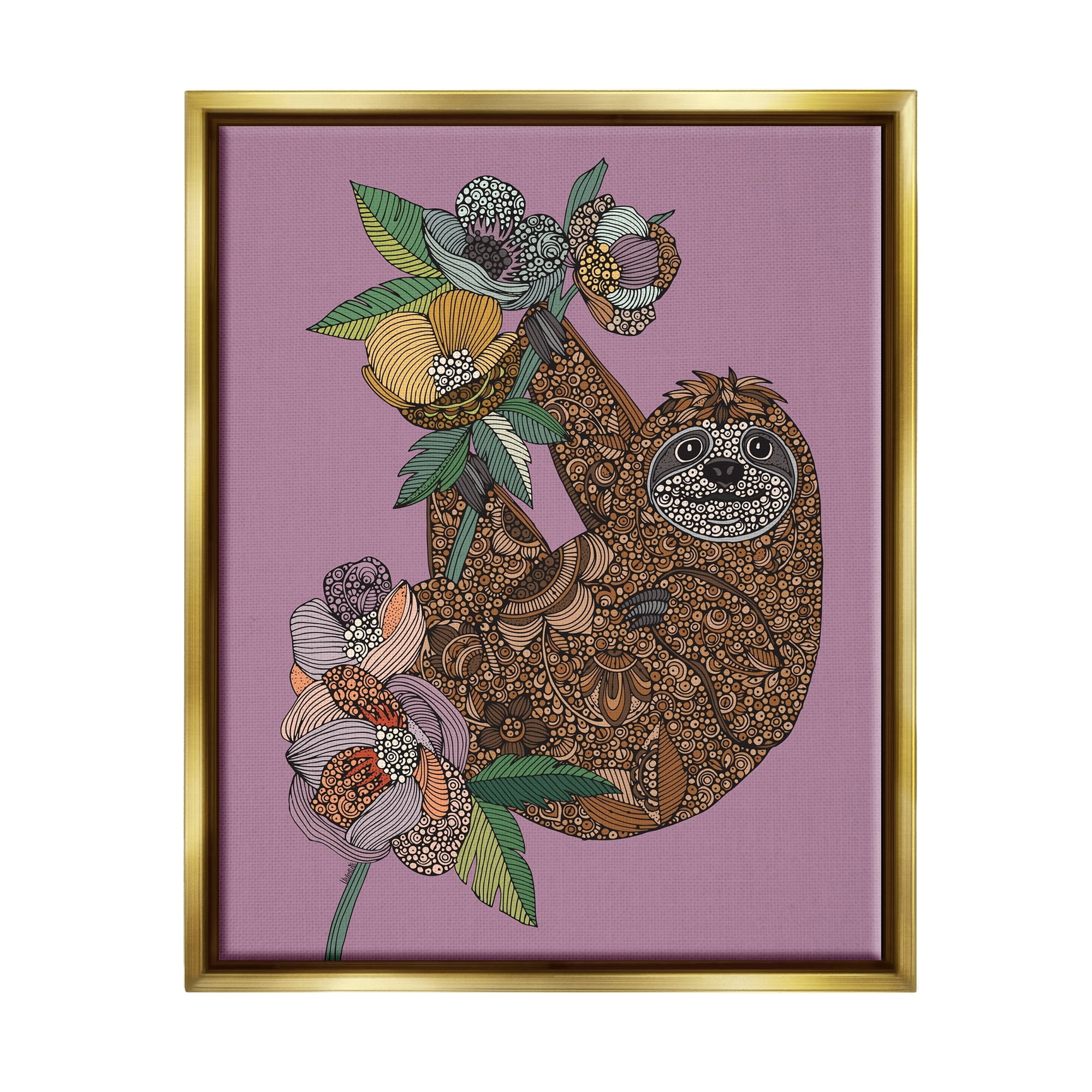 Stupell Industries Sloth Hanging Flower Blossoms Intricate Fractals Pattern Graphic Art Metallic Gold Floating Framed Canvas Print Wall Art, Design by Valentina Harper