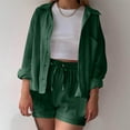 thumbnail image 4 of Fmbrln Womens Summer 2 Piece Sets Casual Turndown Collar Button Long Sleeve Shirts and Drawstring Elastic High Waist Shorts Sets Lounge Sets Green 2XL, 4 of 4