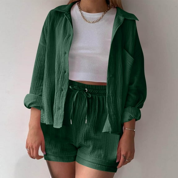 DailyTrove Women's Long Sleeve Button-Front Shacket & Short Set - Solid Color, Casual Style, Spring & Street Wear,Green