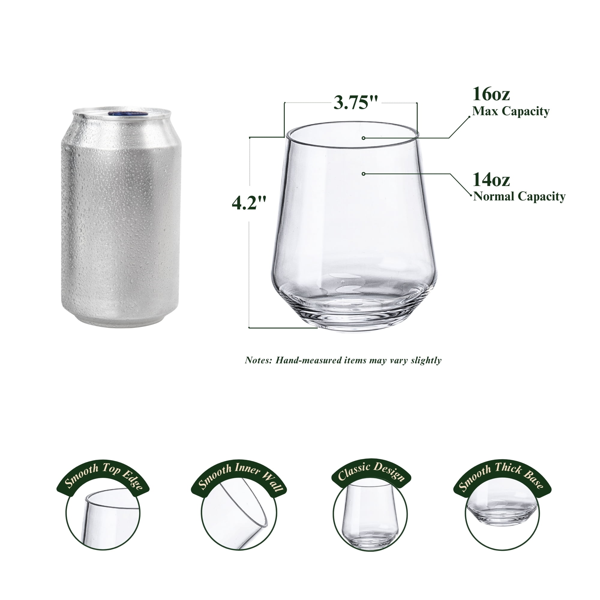 MIYOPESI 16oz Clear Stemless Wines Glasses (Set of 6), Shatter-Proof Bar Glasses, BPA-Free, Dishwasher-Safe