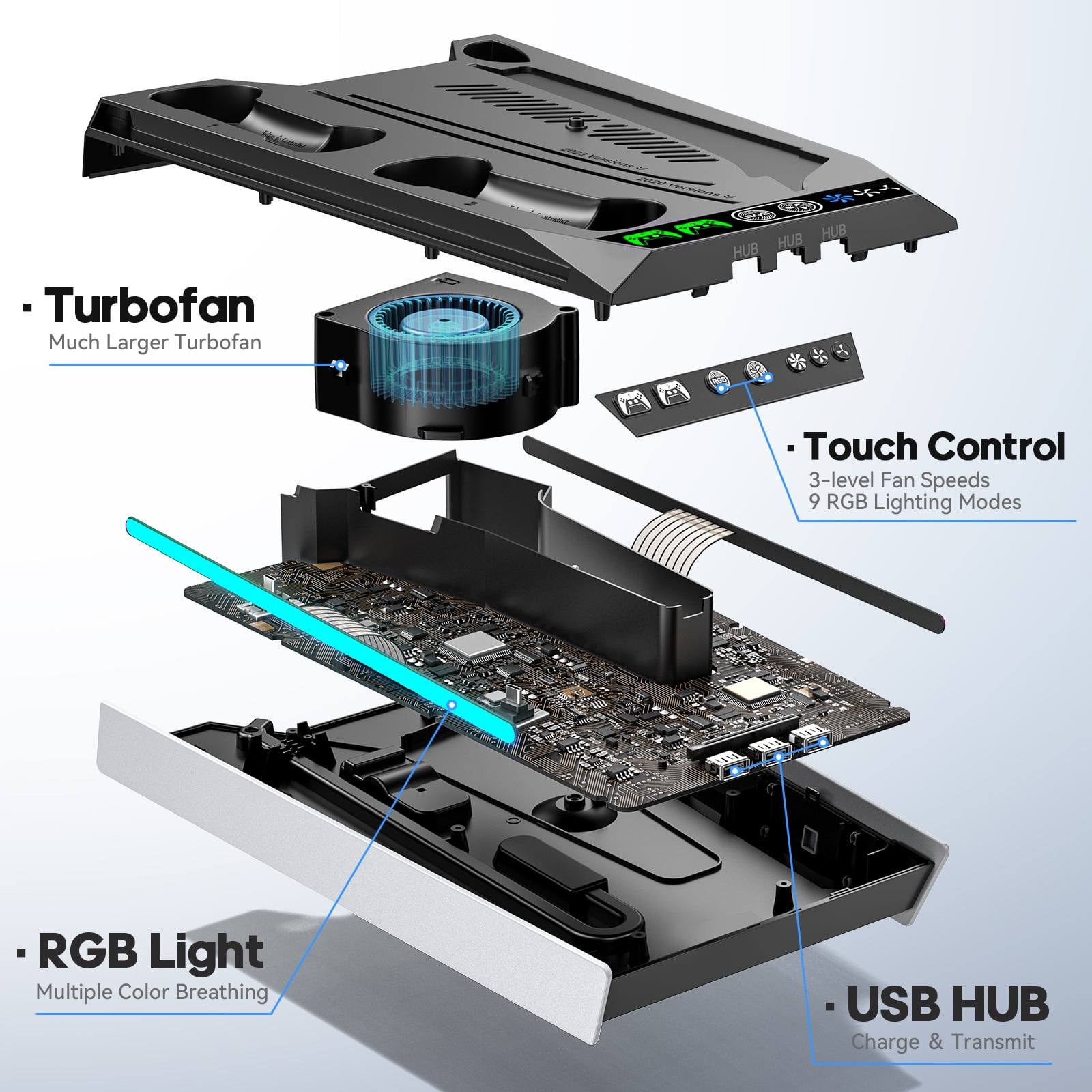 Kytok PS5 Slim Stand for PlayStation 5, PS5 Cooling Station with 3-Level Fan, Controller Charger for Dualsense & Edge Controller, PS5 Accessories with RGB Lighting, Black