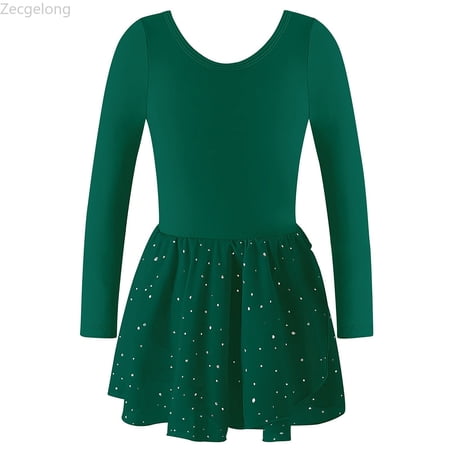 Zecgelong Girls Long Sleeve Ballet Dance Dress With Back Straps And Sparkly Sequin Leotard For Performance Practice Girls Dresses Size 5-6 Years Green