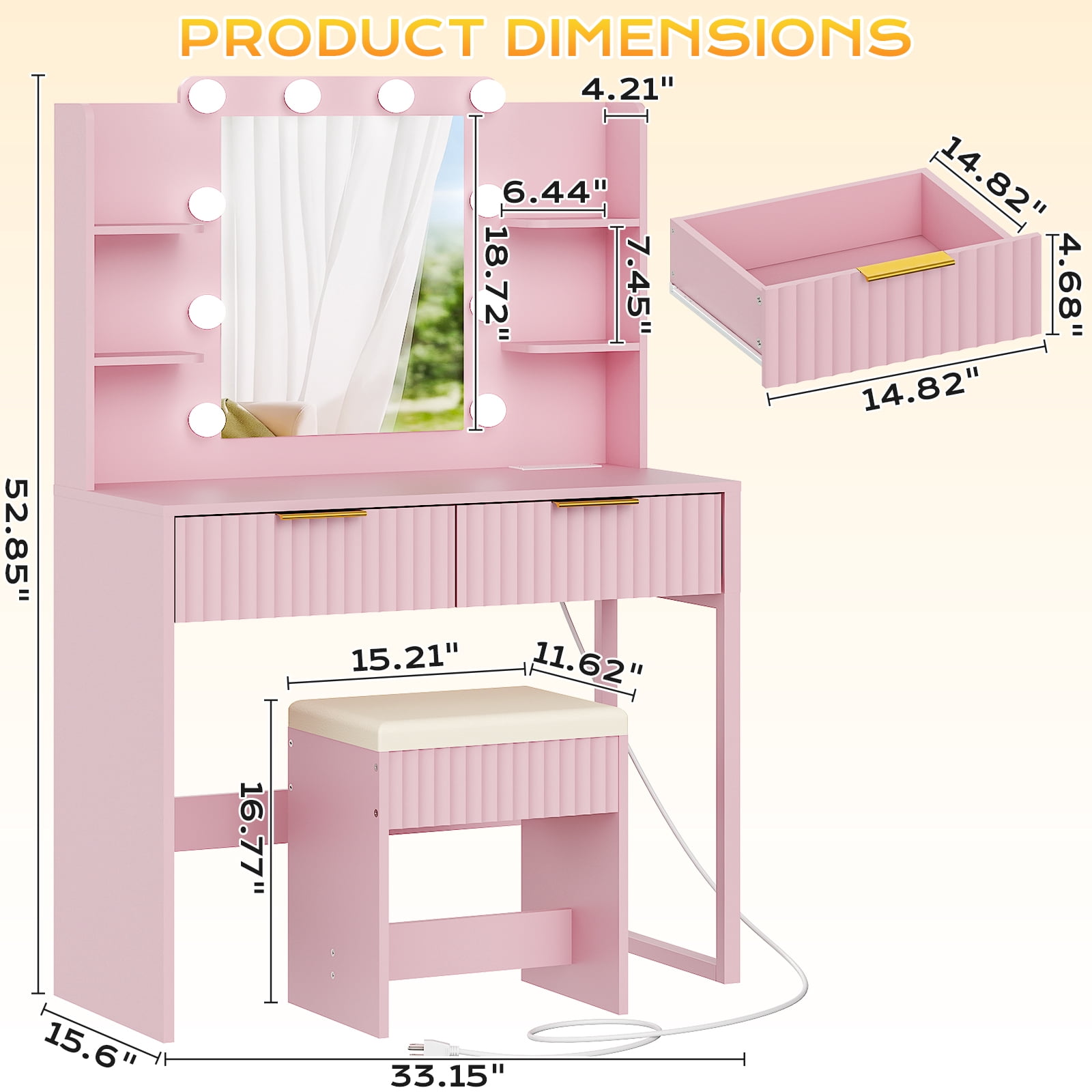 Ktaxon Lighted Makeup Vanity and Stool, Pink Vanity Table Set with 2 Drawer and Charging Station, Femal Gift
