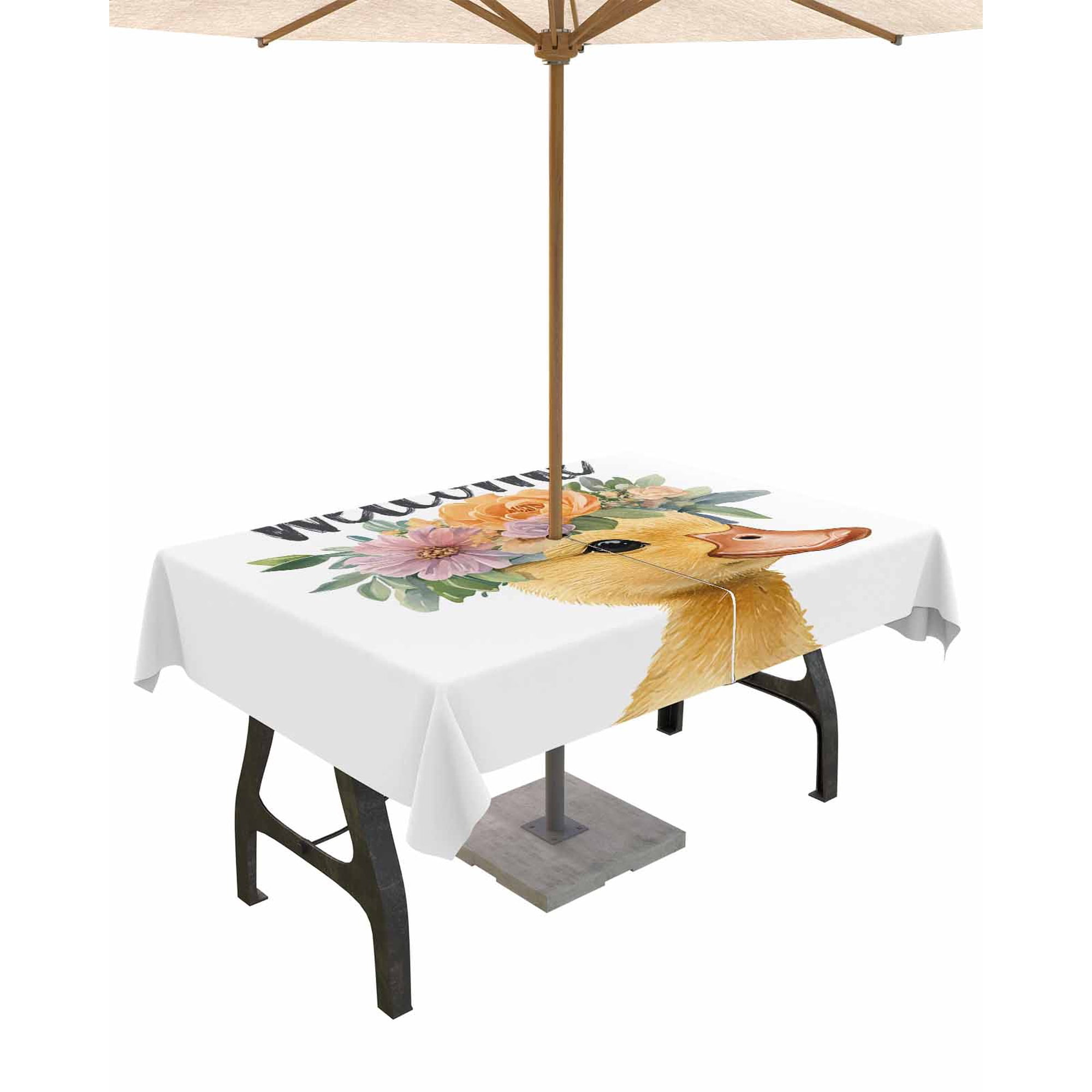 nqOlkjepod Farm Duck Flower Outdoor Tablecloth with Umbrella Hole & Zipper Wildflower Garden Motifs Floral Garland Rectangle Table Cover 60x120 Inch Waterproof Table Cloth Protector for Patio
