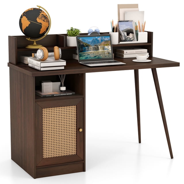 Costway 48" Computer Desk with Hutch Mid Century Workstation PE Rattan Cabinet Walnut