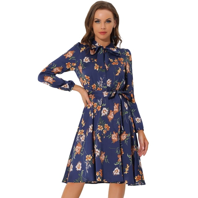 Vestido con cinturón y estampado floral vintage Allegra K de manga larga gasa con cuello anudado para mujer Azul Satinado S