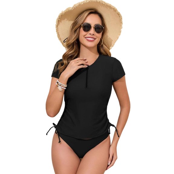 Aellinatey 2Pcs Flexible Short Sleeve Swimsuit Half Zip Tankini Set for Swimming Sports