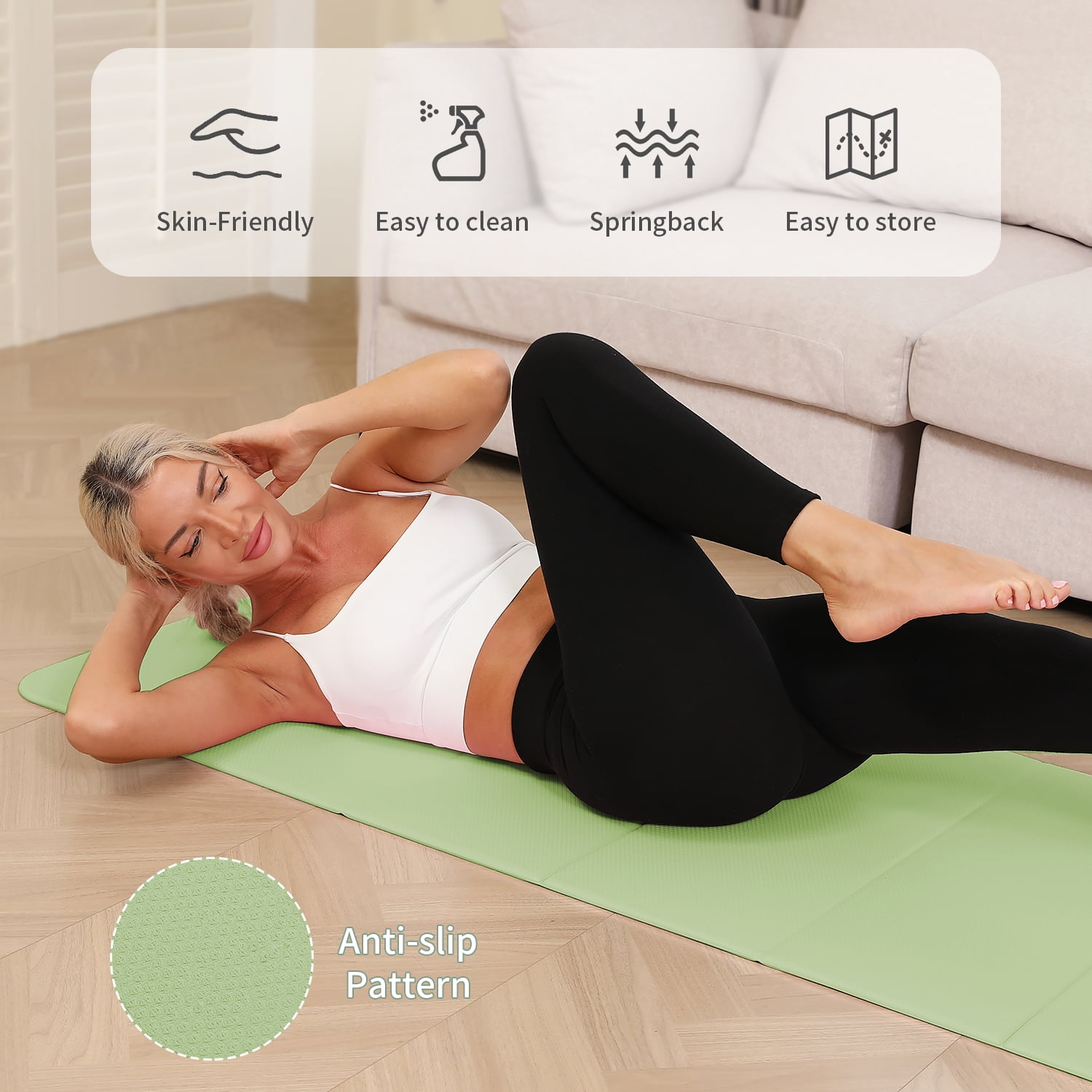 Frach Foldable Yoga Mat, Workout Exercise Mat,Eco TPE 0.4 Inch Thick for Home and Travel,Instant Fold No Curling 75"x26"(Green)