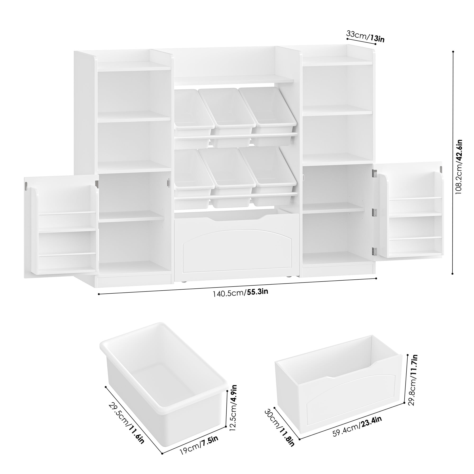 Hiphuta 55"Wide Toy Storage Organizer with Book Shelves Behind The Doors, Kids Bookcase Wood Toy Organizer of 6 Removable Boxes & 8 Storage Cubes, White