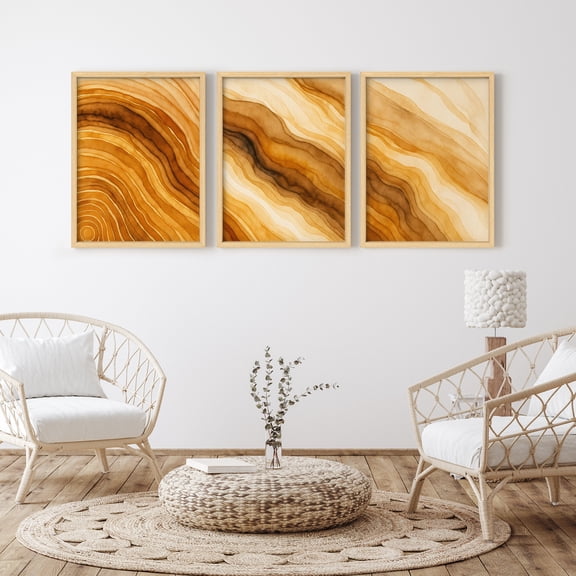 Framed Print Wall Art Set of 3 - Abstract Tree Rings Poster Art - 3 Pieces Nature-Inspired Modern Wall Decor for Living Room - 12"x16"x3 Natural