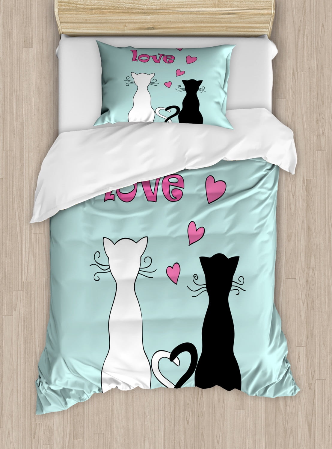 Cat Twin Size Duvet Cover Set, Black and White Kitty Cat Couple with Tails Tangled and in Love