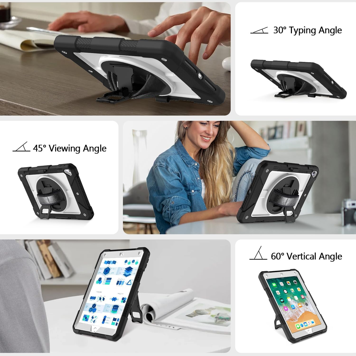BMOUO iPad 6th / 5th Generation Case,iPad 9.7 2018/2017 Case,iPad Air 2 Case,3 Layer Shockproof [360 Swivel Stand][Hand Strap][Pencil Holder] Kids Case for iPad 9.7 Inch 2018/2017 - Black+Grey