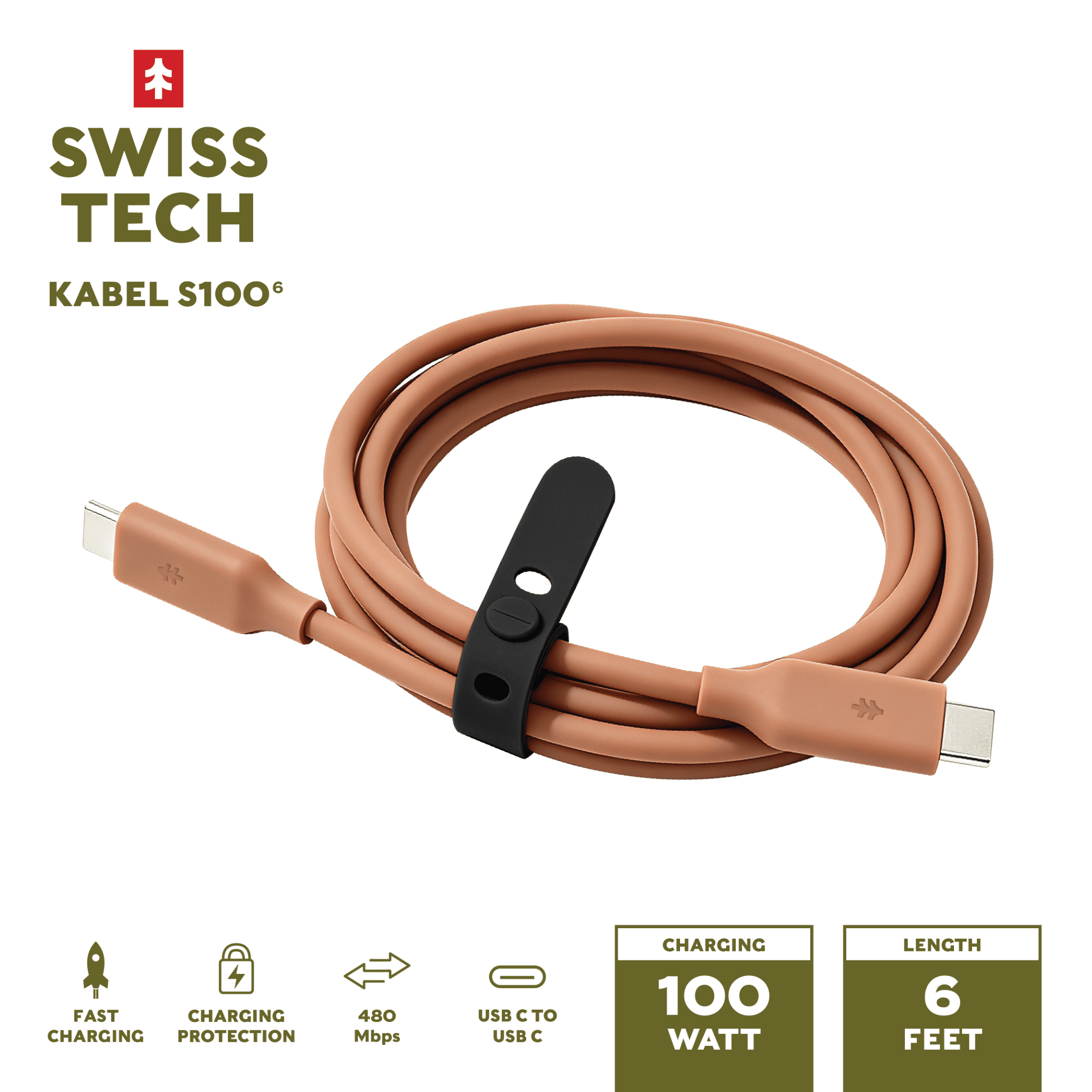 Swiss Tech Kabel S100 6 ft 100W Soft Touch USB-C to USB-C Charging Cable, Terra Orange