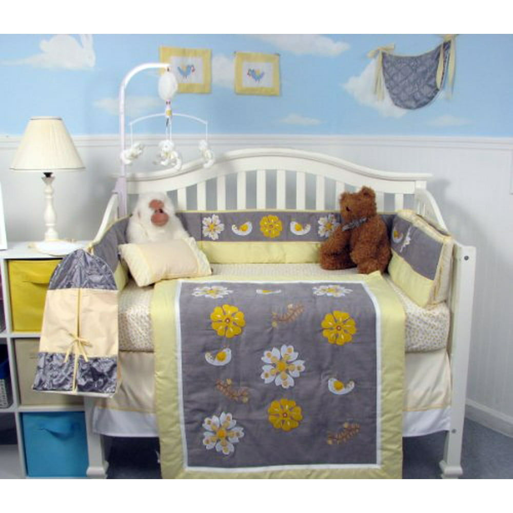 SoHo Crib Bedding Set for Baby Nursery, Yellow Gray Flowers, 9 Pieces