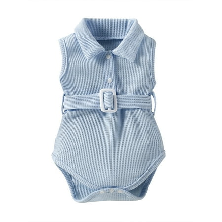 

Frobukio Toddler Infant Baby Girls Summer Casual Romper Solid Color Sleeveless Lapel Button Down Playsuit Bodysuit Blue 0-3 Months